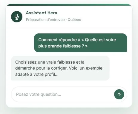 Simulateur d'entrevue d'embauche de Hera RH, exemple d'échange